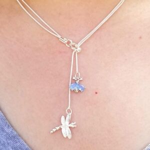 Sterling Silver Aquamarine Bee & Dragonfly Lariat Necklace, March Birthstone